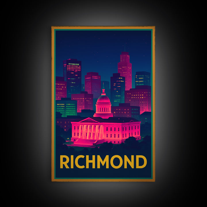 Richmond Travel Poster, Canvas Print, Neon Cityscape Wall Art, Richmond Art Print, Travel Wall Decor, Travel Wall Art, City Illustration