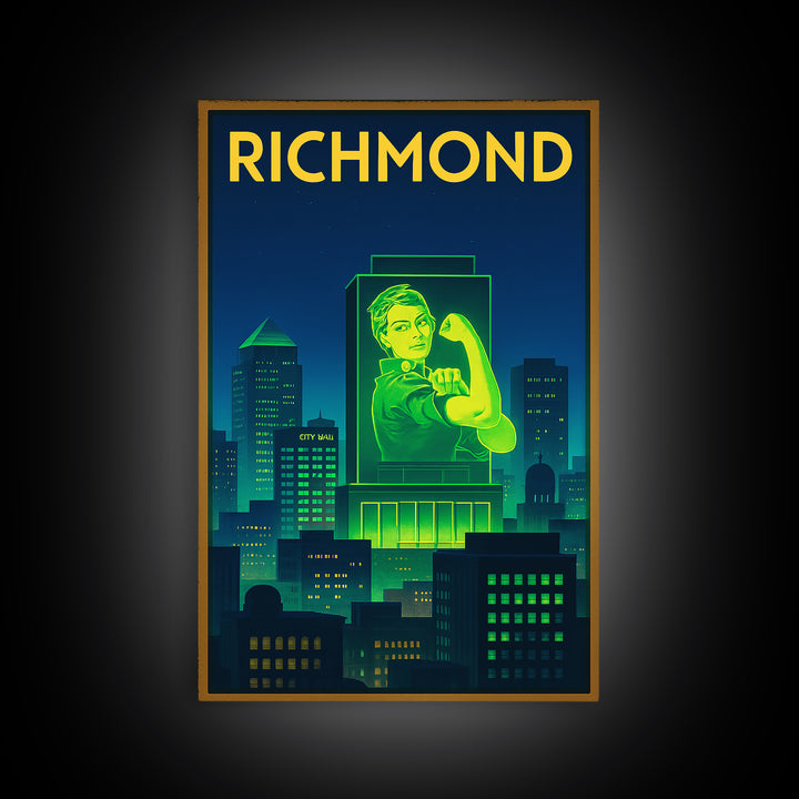 Richmond Travel Poster, Framed Canvas Print, Electric Night Poster Art, Richmond City Art, Wanderlust Decor, Living Room Wall Art