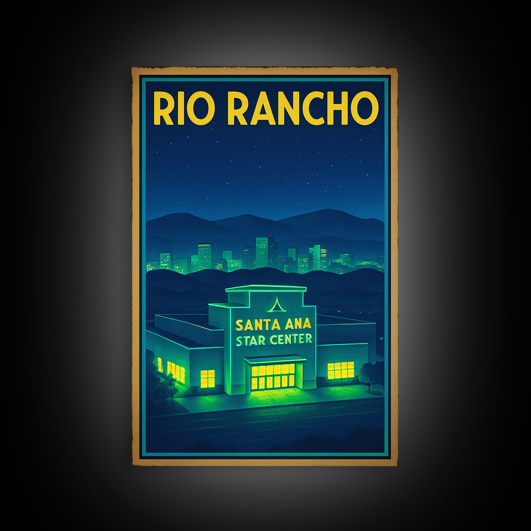 Rio Rancho Travel Poster, Framed Canvas Print, Electric Night Poster Art, Rio Rancho Art Print, Home Office Decor, Watercolor Skyline