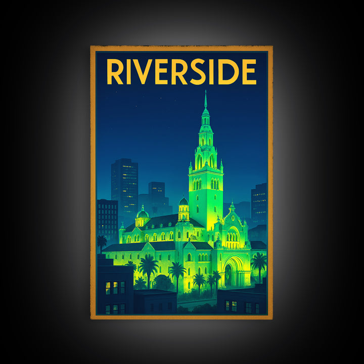 Riverside Travel Poster, Canvas Print, Neon City Skyline Wall Art, Riverside City Art, Living Room Wall Art, Eclectic Wall Decor, Wall Art