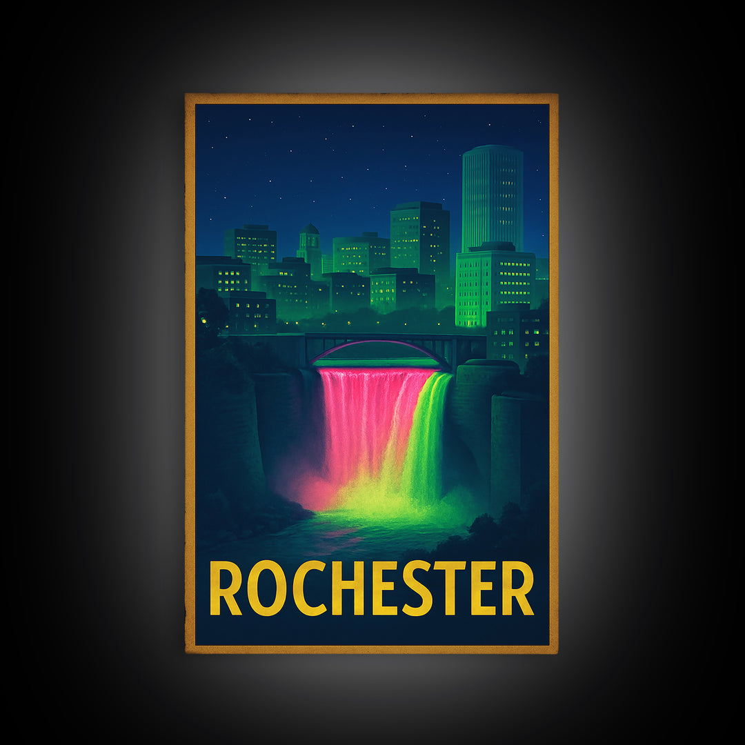Rochester New York Travel Poster, Framed Canvas Print, Retro Neon Travel Art, Rochester Art Print, Mid Century Wall Art, Eclectic Wall Decor
