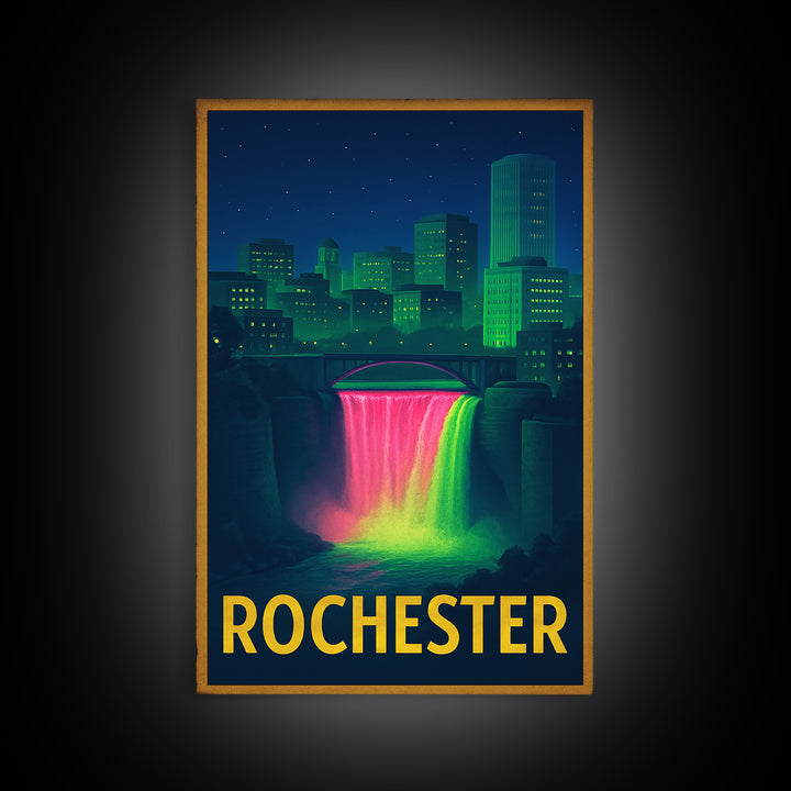Rochester New York Travel Poster, Framed Canvas Print, Retro Neon Travel Art, Rochester Art Print, Mid Century Wall Art, Eclectic Wall Decor