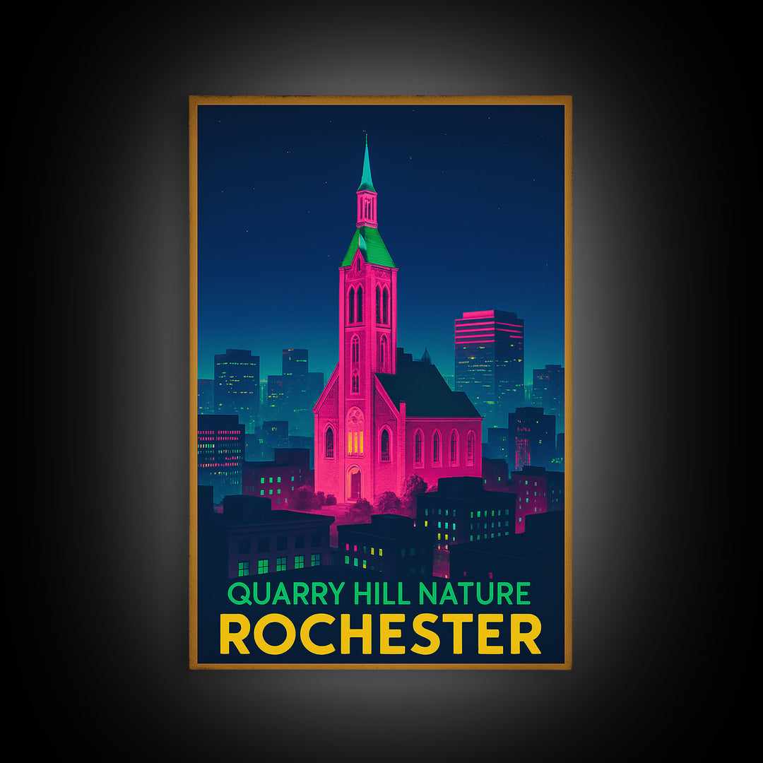 Rochester Travel Poster, Canvas Print, Retro Neon Travel Art, Rochester Art Print, Travel Wall Decor, Gift For Travelers, Travel Wall Art