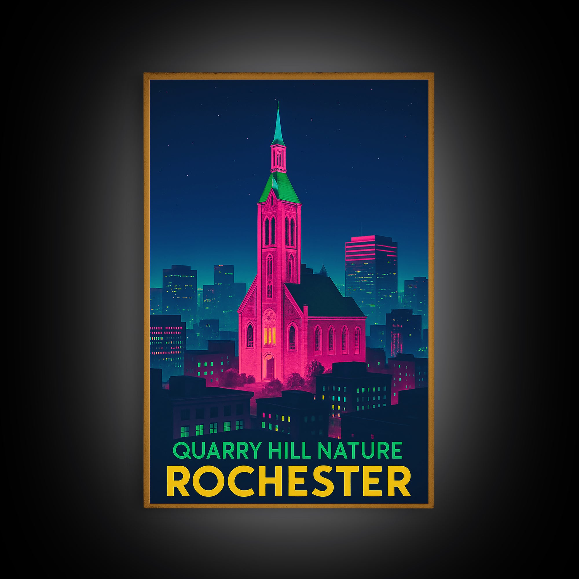 Rochester Travel Poster, Canvas Print, Retro Neon Travel Art, Rochester Art Print, Travel Wall Decor, Gift For Travelers, Travel Wall Art