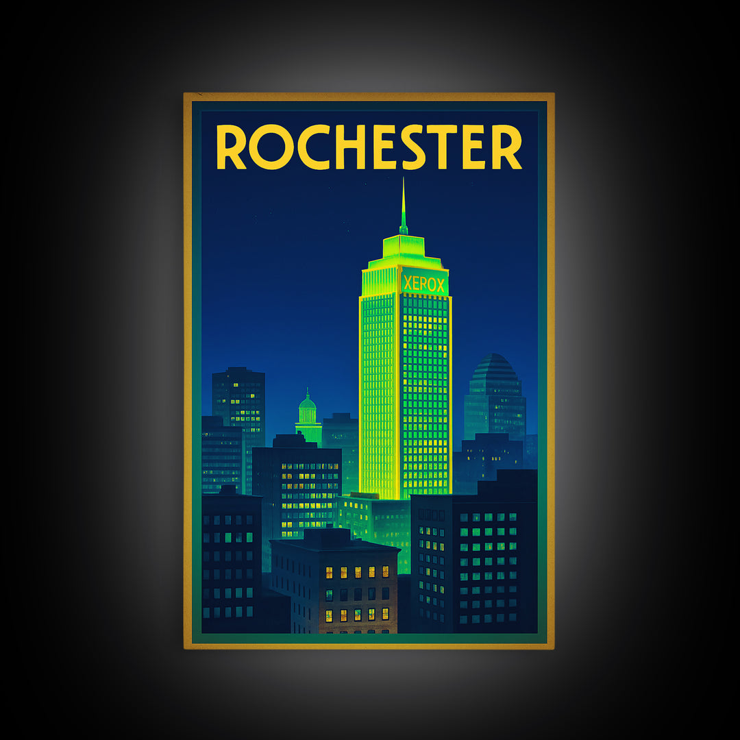 Rochester Travel Poster, Framed Canvas Print, Electric Night Poster Art, Rochester Travel Art, Wanderlust Decor, Watercolor Skyline Art