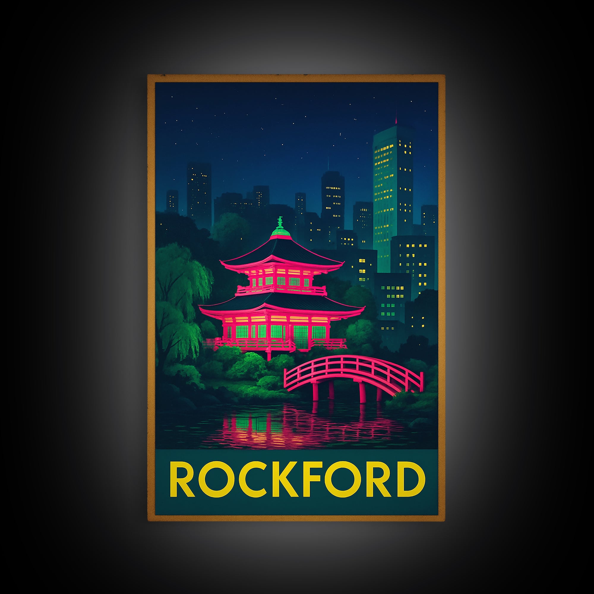 Rockford Illinois Travel Poster, Canvas Print, Retro Neon Travel Art, Rockford Art Print, Wanderlust Decor, Mid Century Wall Art, Travel Art