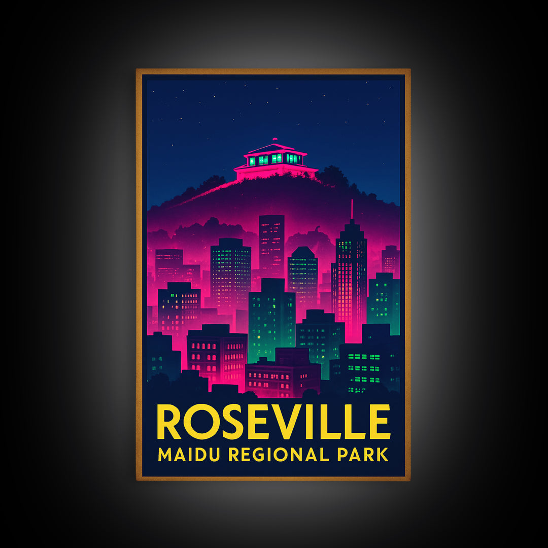 Roseville California Travel Poster, Framed Canvas Print, Neon Skyline Wall Art, Roseville Travel Art, Eclectic Wall Decor, Travel Wall Decor