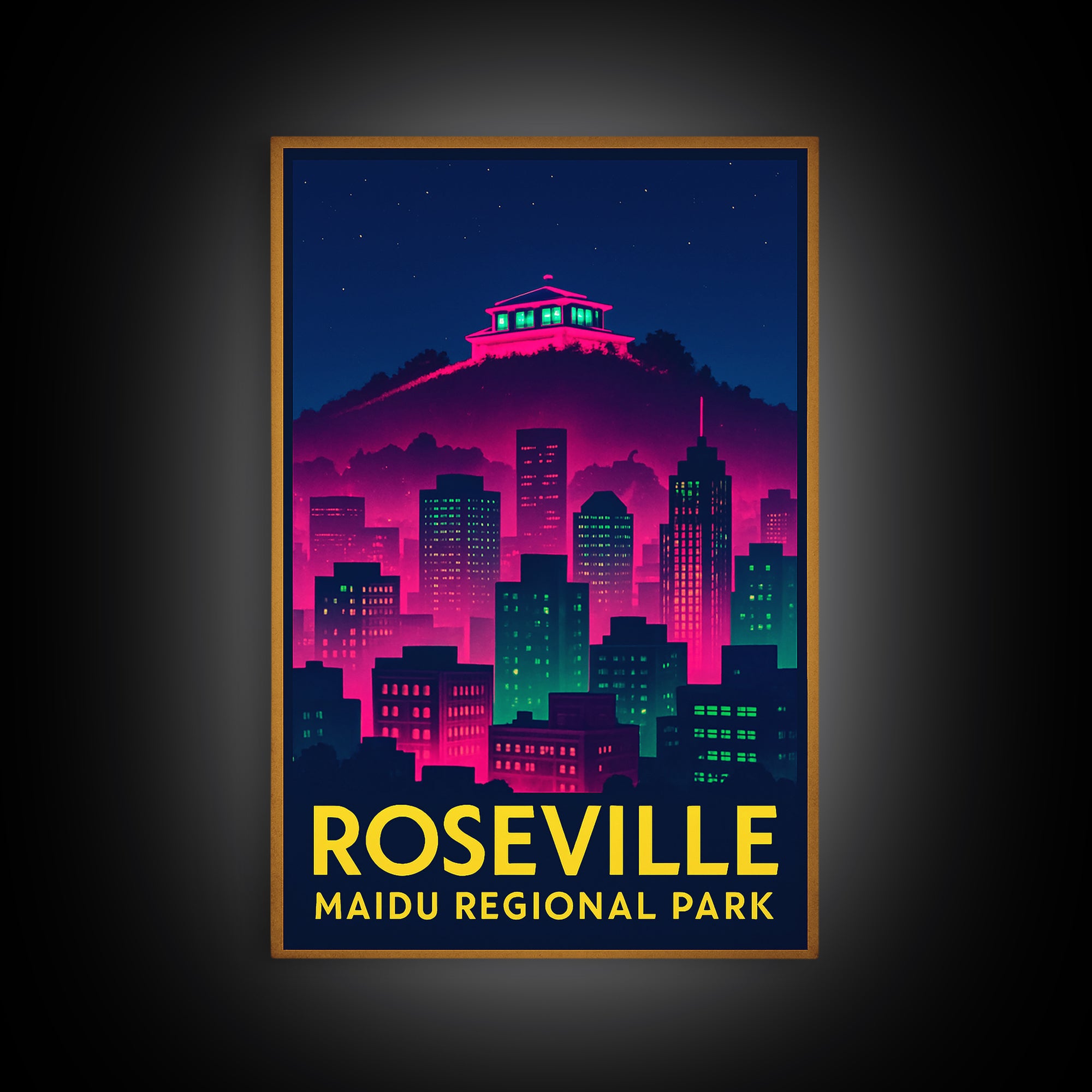 Roseville California Travel Poster, Framed Canvas Print, Neon Skyline Wall Art, Roseville Travel Art, Eclectic Wall Decor, Travel Wall Decor