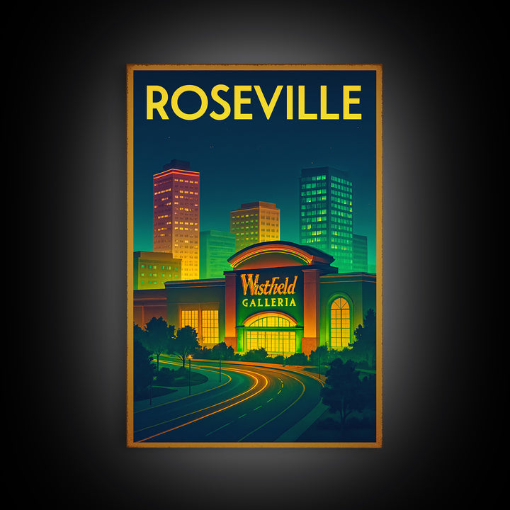 Roseville Travel Poster, Framed Canvas Print, Neon Skyline Art Wall Art, Roseville Poster Print, Home Office Decor, City Illustration