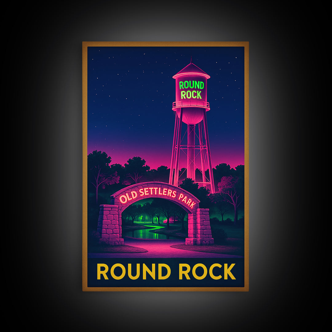 Round Rock Texas Travel Poster, Canvas Print, Electric Night Poster Art, Round Rock City Art, Watercolor Downtown Skyline, Travel Poster Art