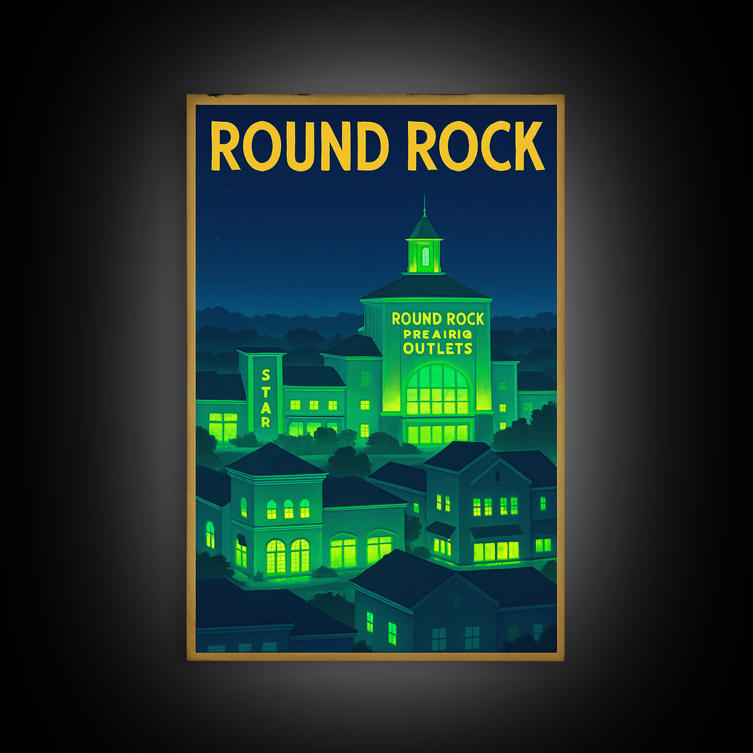 Round Rock Travel Poster, Canvas Print, Neon Downtown Skyline Wall Art, Round Rock Wall Art, Retro Travel Print, Art Print, Travel Prints