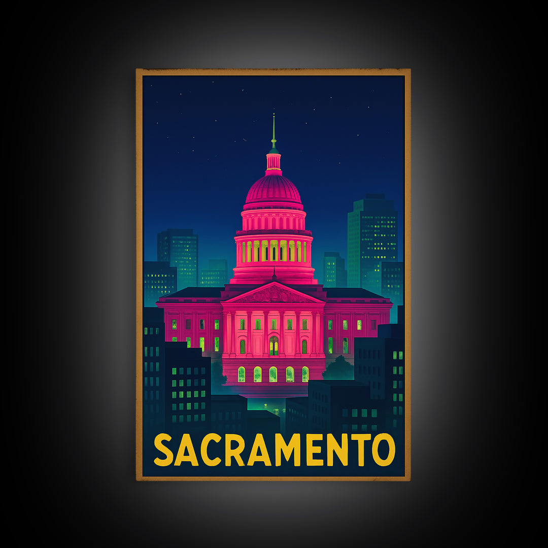 Sacramento California Travel Poster, Canvas Print, Electric Night Poster Art, Sacramento Wall Art, Vintage Travel Art, Living Room Wall Art