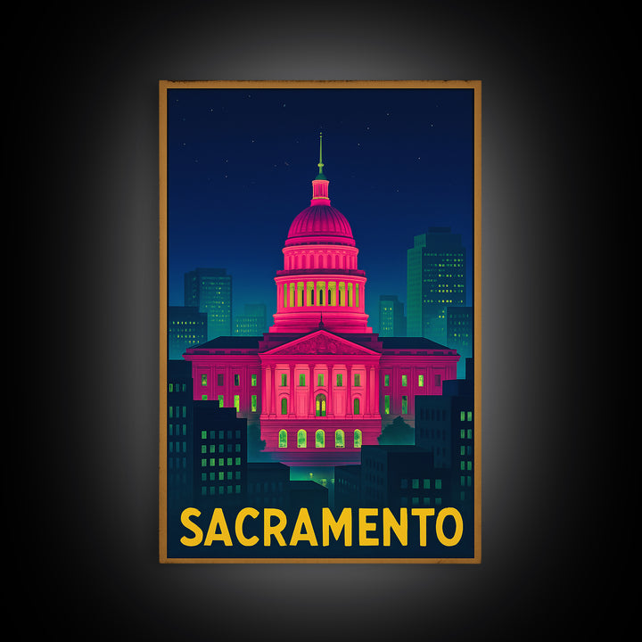 Sacramento California Travel Poster, Canvas Print, Electric Night Poster Art, Sacramento Wall Art, Vintage Travel Art, Living Room Wall Art