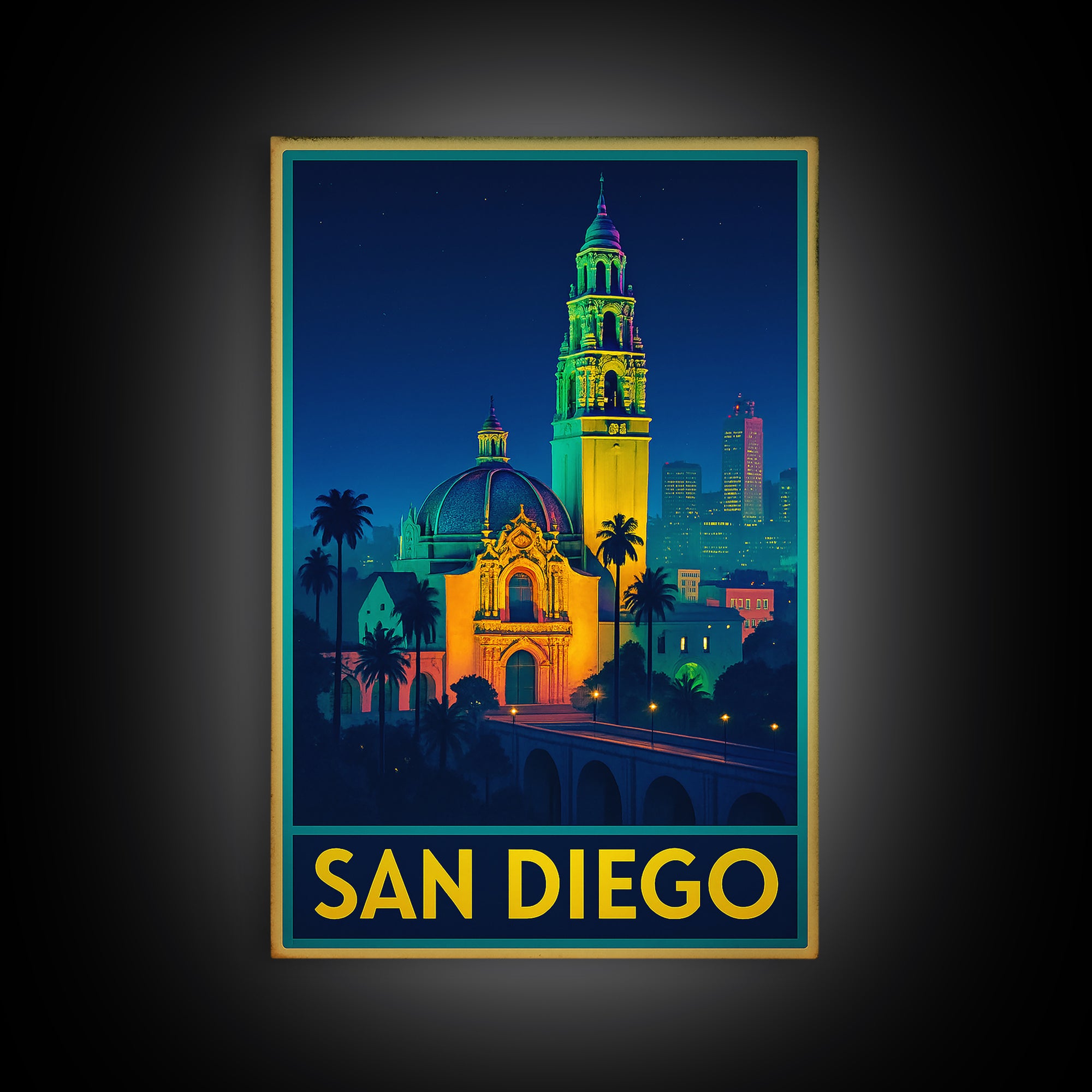 San Diego California Travel Poster, Canvas Print, Cyberpunk Style City Art, San Diego Poster Print, City Illustration, Mid Century Wall Art