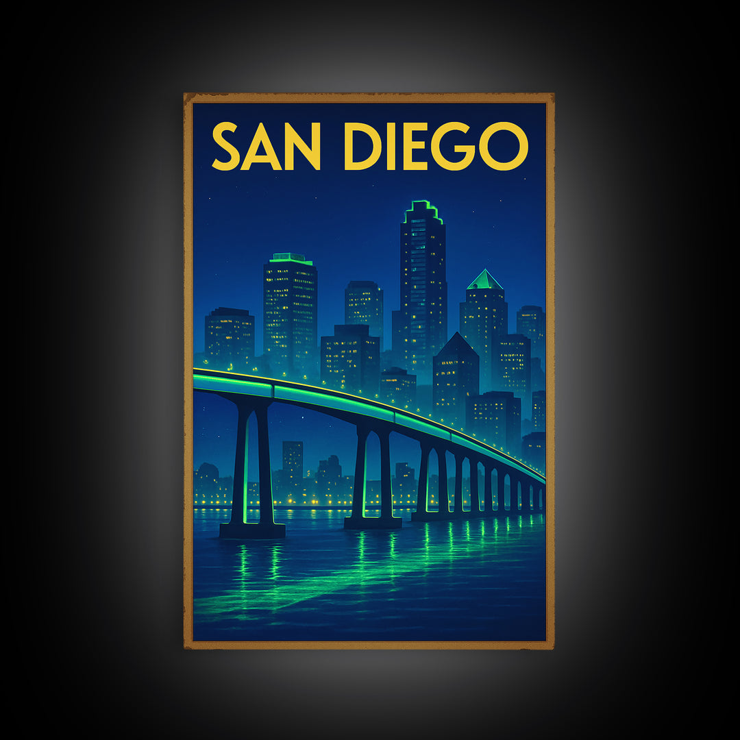 San Diego Travel Poster, Framed Canvas Print, Electric Night Poster Art, San Diego Wall Art, Retro Travel Print, Travel Wall Art