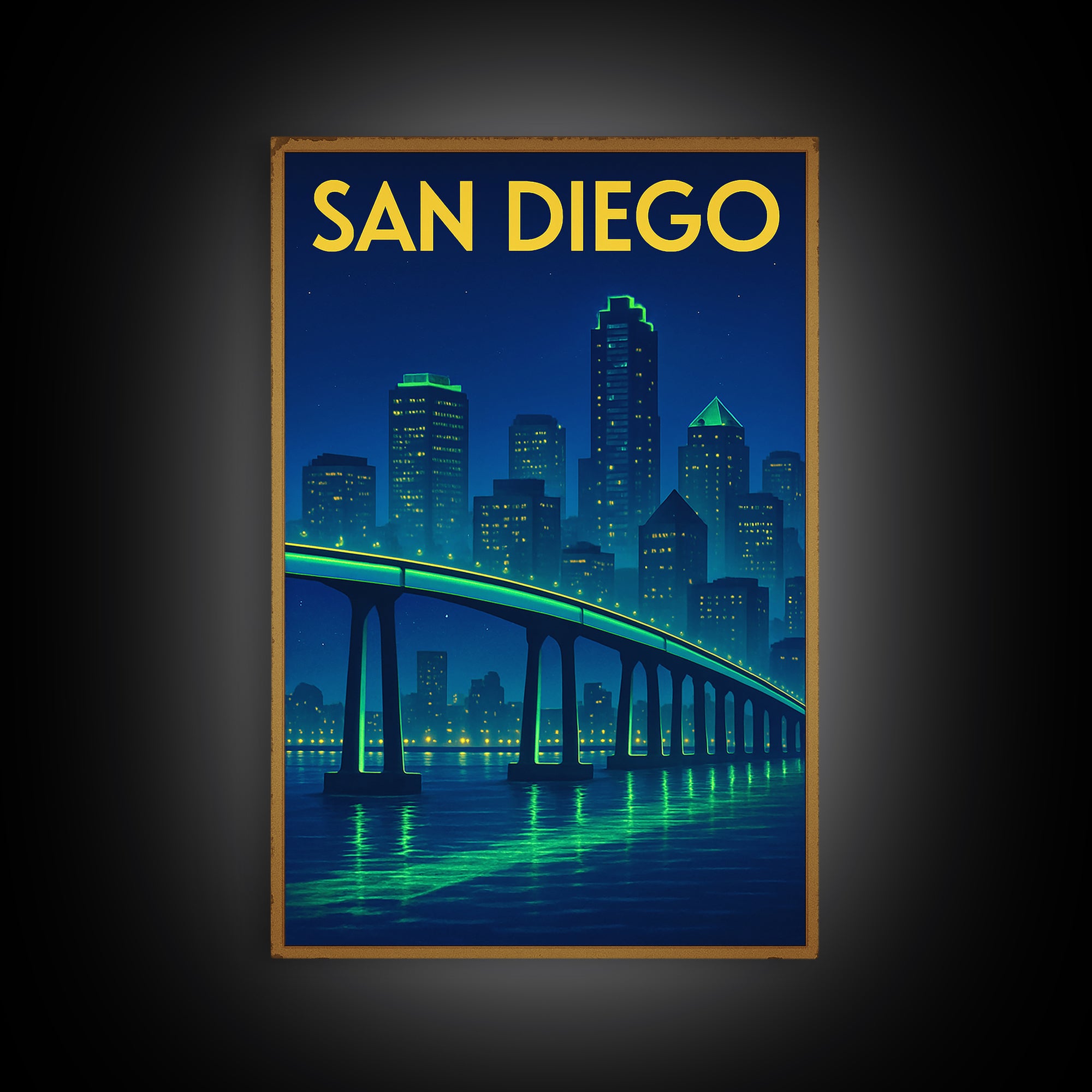 San Diego Travel Poster, Framed Canvas Print, Electric Night Poster Art, San Diego Wall Art, Retro Travel Print, Travel Wall Art