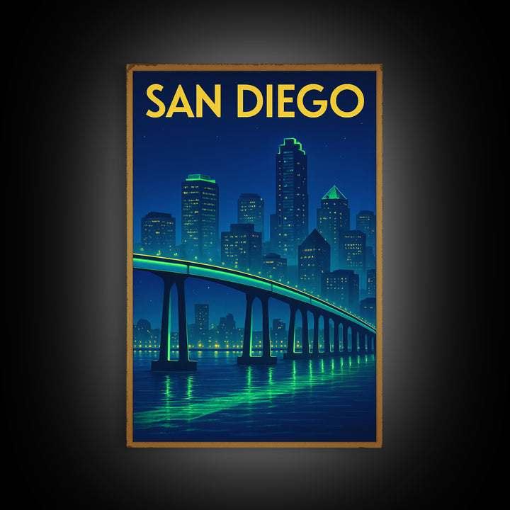 San Diego Travel Poster, Framed Canvas Print, Electric Night Poster Art, San Diego Wall Art, Retro Travel Print, Travel Wall Art