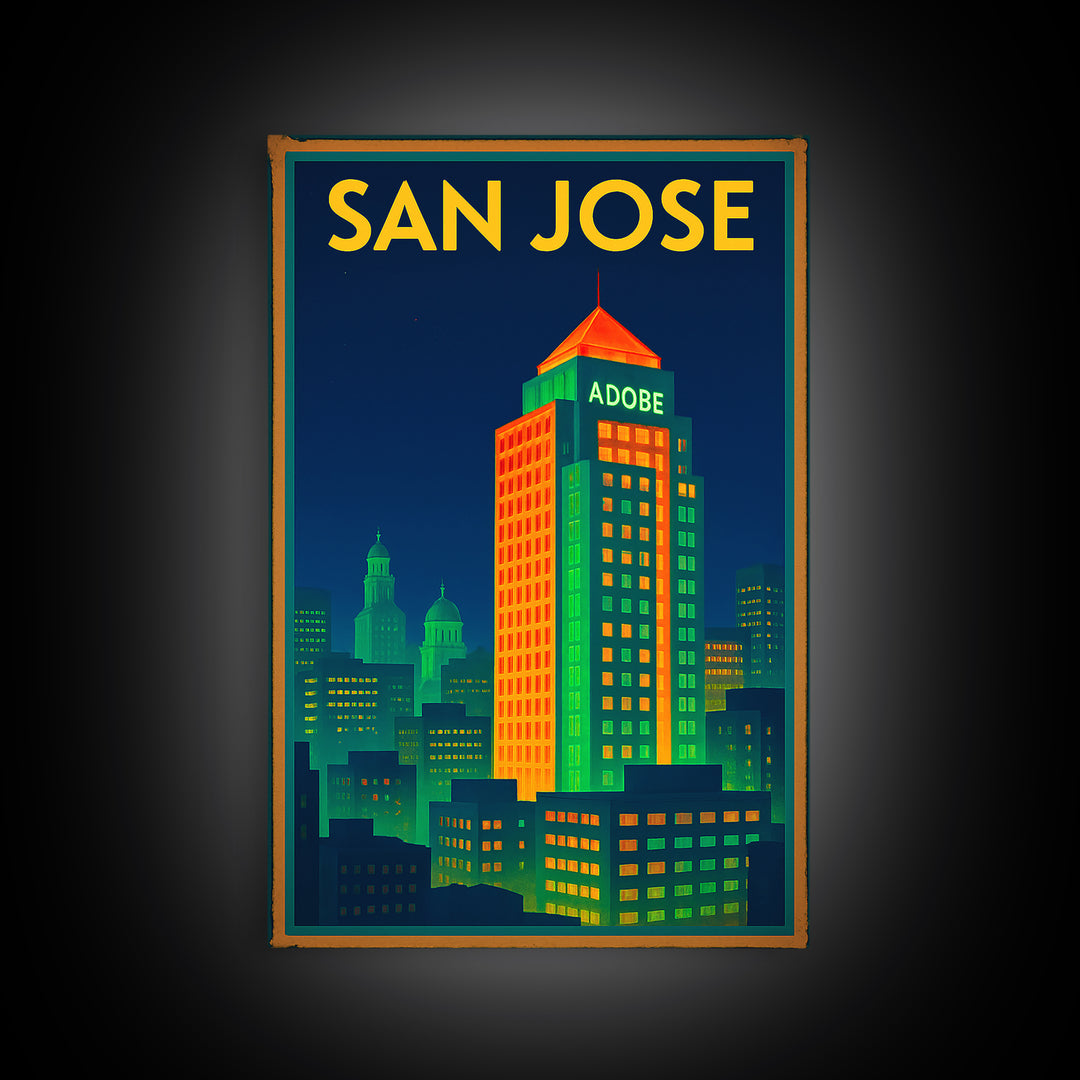 San Jose California Travel Poster, Framed Canvas Print, Cyberpunk Style City Art, San Jose Art Print, Wanderlust Decor, Travel Poster Set