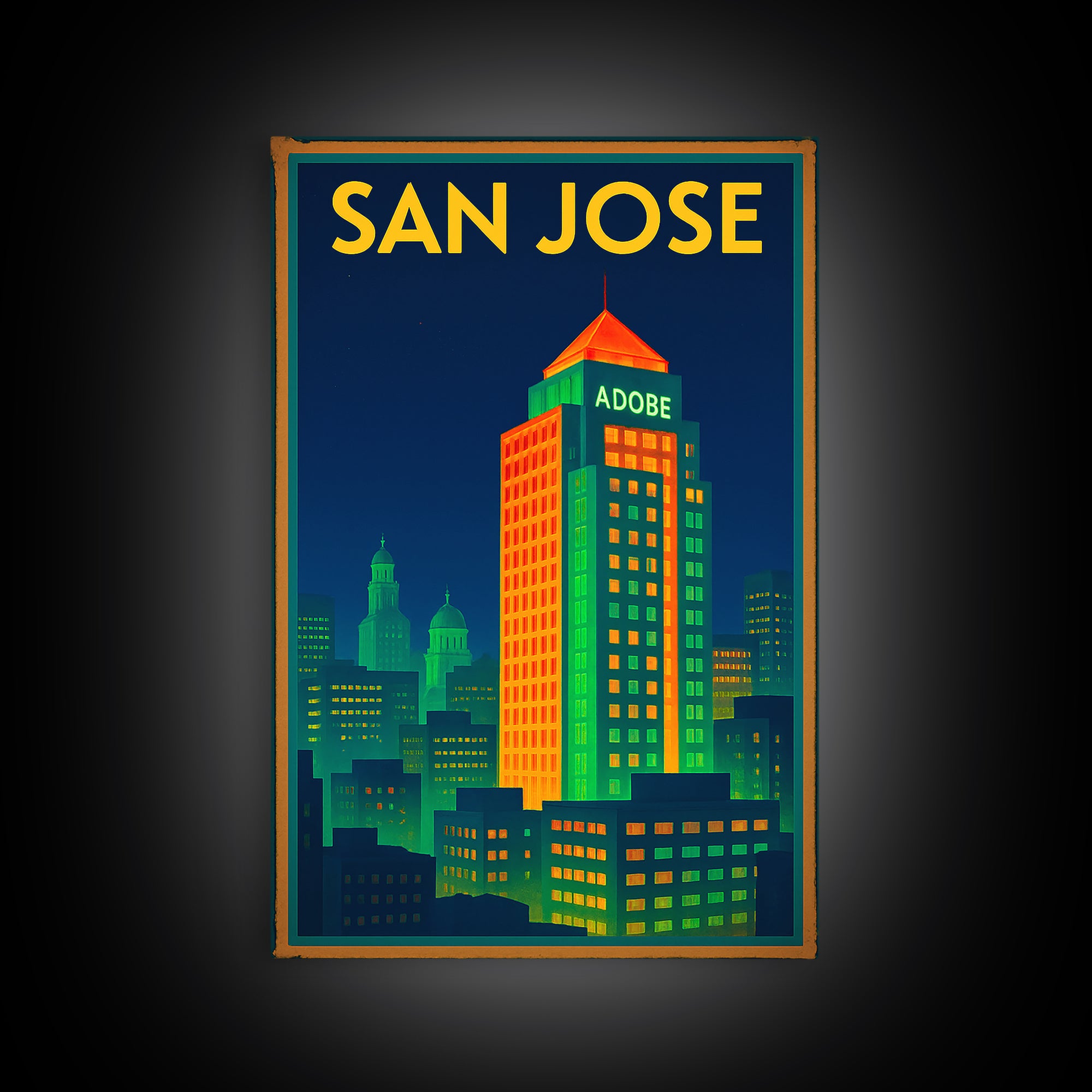 San Jose California Travel Poster, Framed Canvas Print, Cyberpunk Style City Art, San Jose Art Print, Wanderlust Decor, Travel Poster Set
