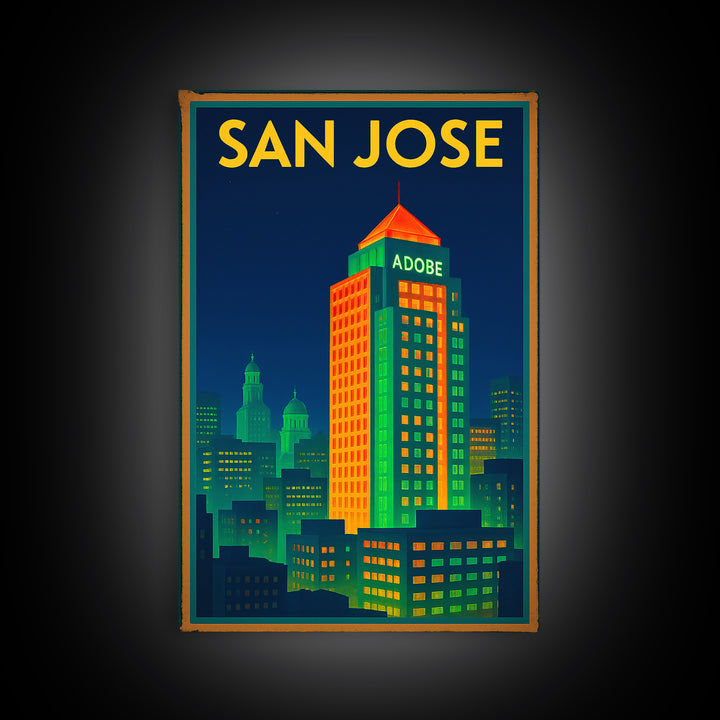San Jose California Travel Poster, Framed Canvas Print, Cyberpunk Style City Art, San Jose Art Print, Wanderlust Decor, Travel Poster Set