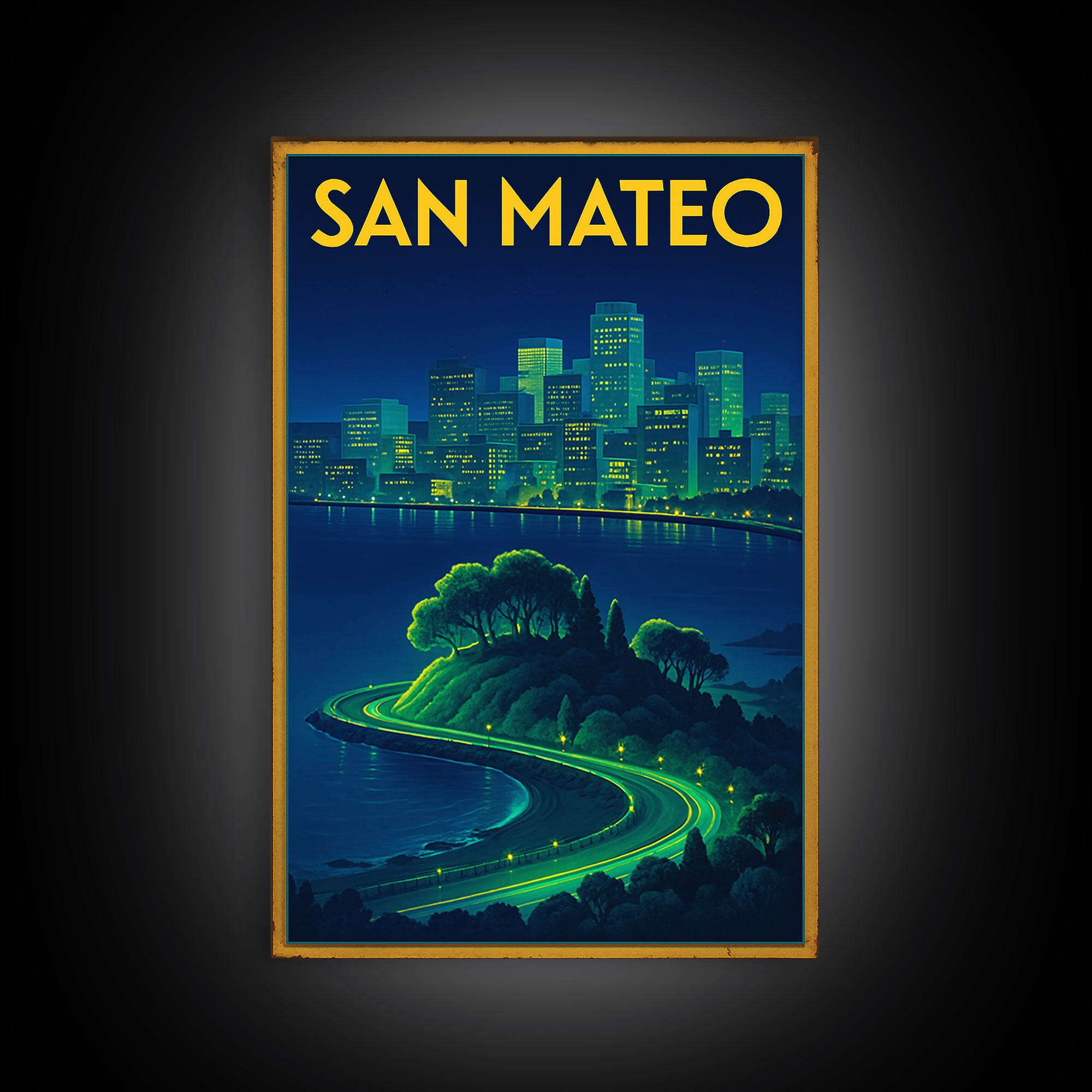 San Mateo Travel Poster, Framed Canvas Print, Electric Night Poster Art, San Mateo Wall Art, Vintage Travel Print, Vintage City Art