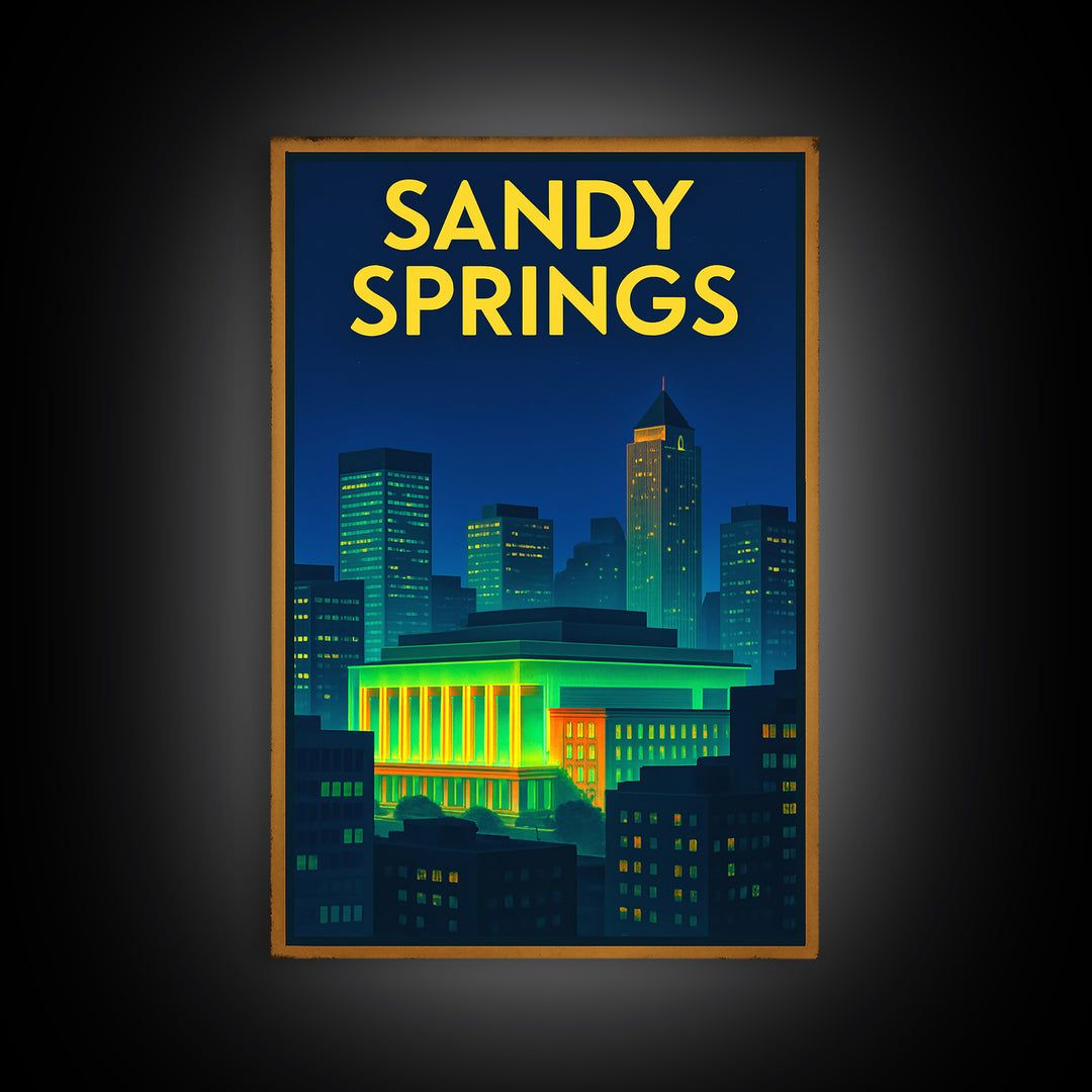 Sandy Springs Travel Poster, Canvas Print, Retro Neon Travel Art, Sandy Springs Travel Art, Travel Poster Set, Watercolor Downtown Skyline