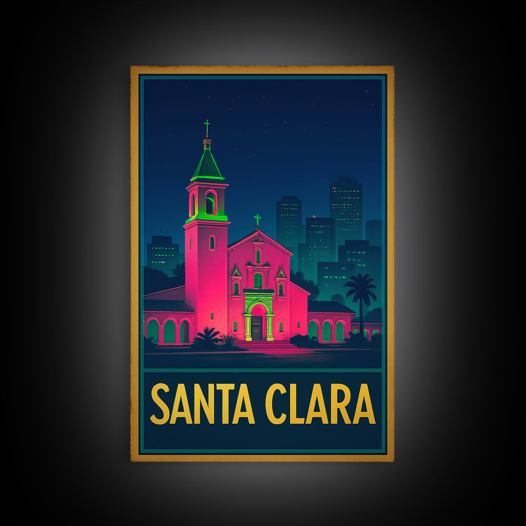 Santa Clara California Travel Poster, Canvas Print, Electric Night Poster Art, Santa Clara Wall Art, Eclectic Wall Decor, Fine Art Print