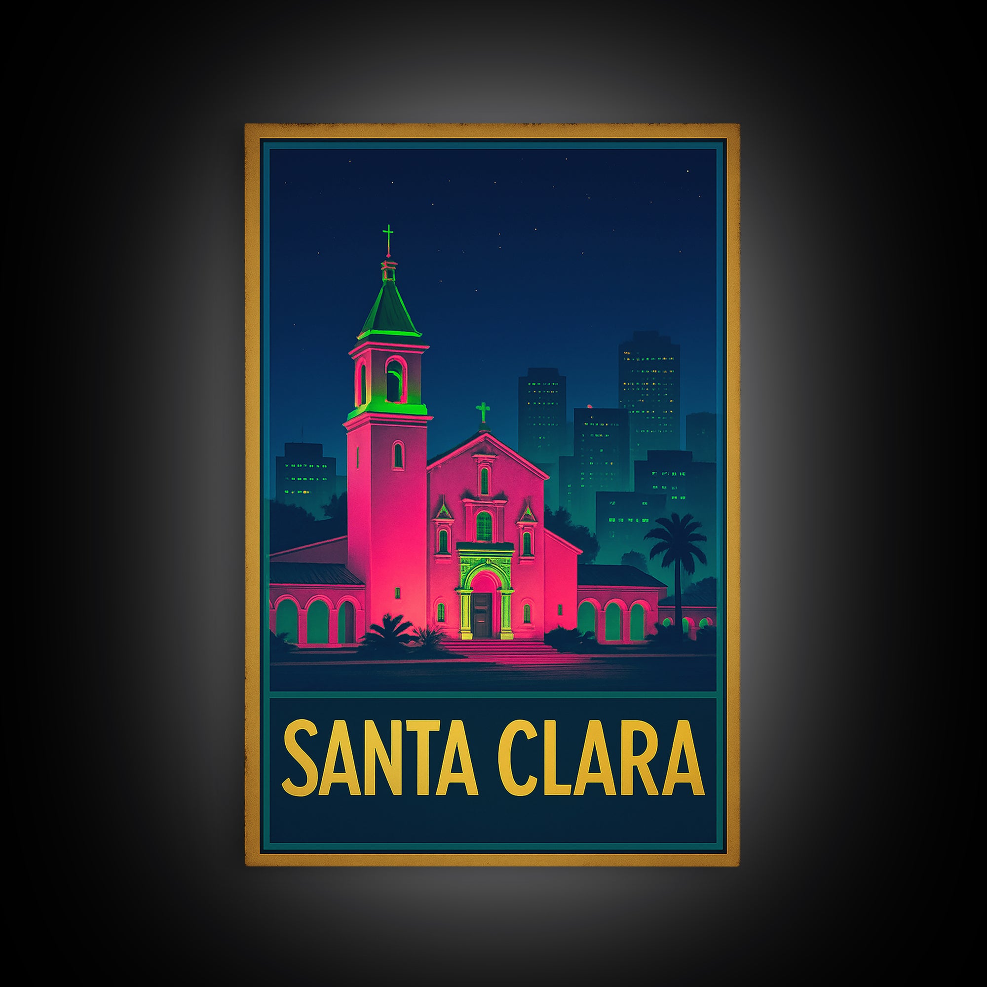 Santa Clara California Travel Poster, Canvas Print, Electric Night Poster Art, Santa Clara Wall Art, Eclectic Wall Decor, Fine Art Print