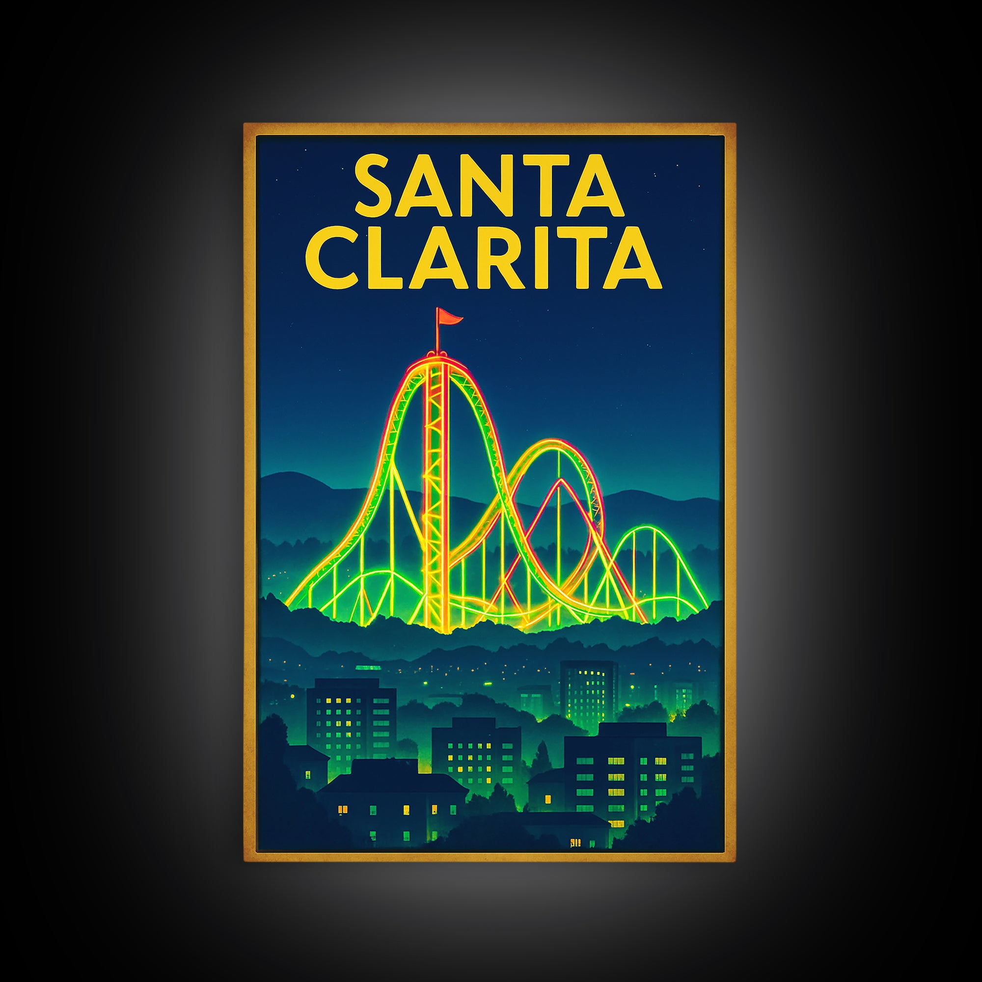 Santa Clarita Travel Poster, Framed Canvas Print, Retro Neon Travel Art, Santa Clarita Wall Art, Vintage City Poster, Retro Travel Print