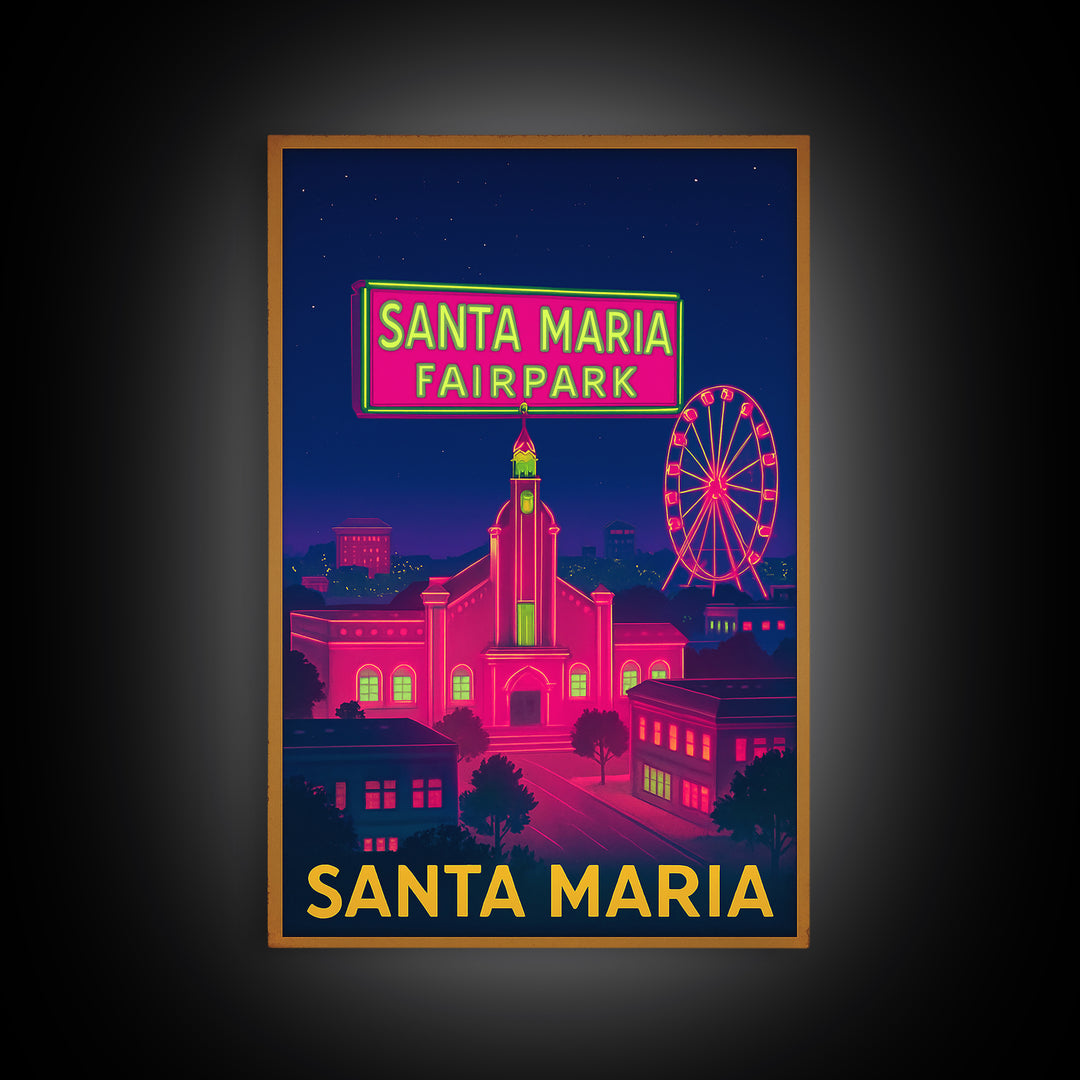Santa Maria California Travel Poster, Canvas Print, Neon City Skyline Wall Art, Santa Maria Travel Art, Travel Poster Set, Wanderlust Decor