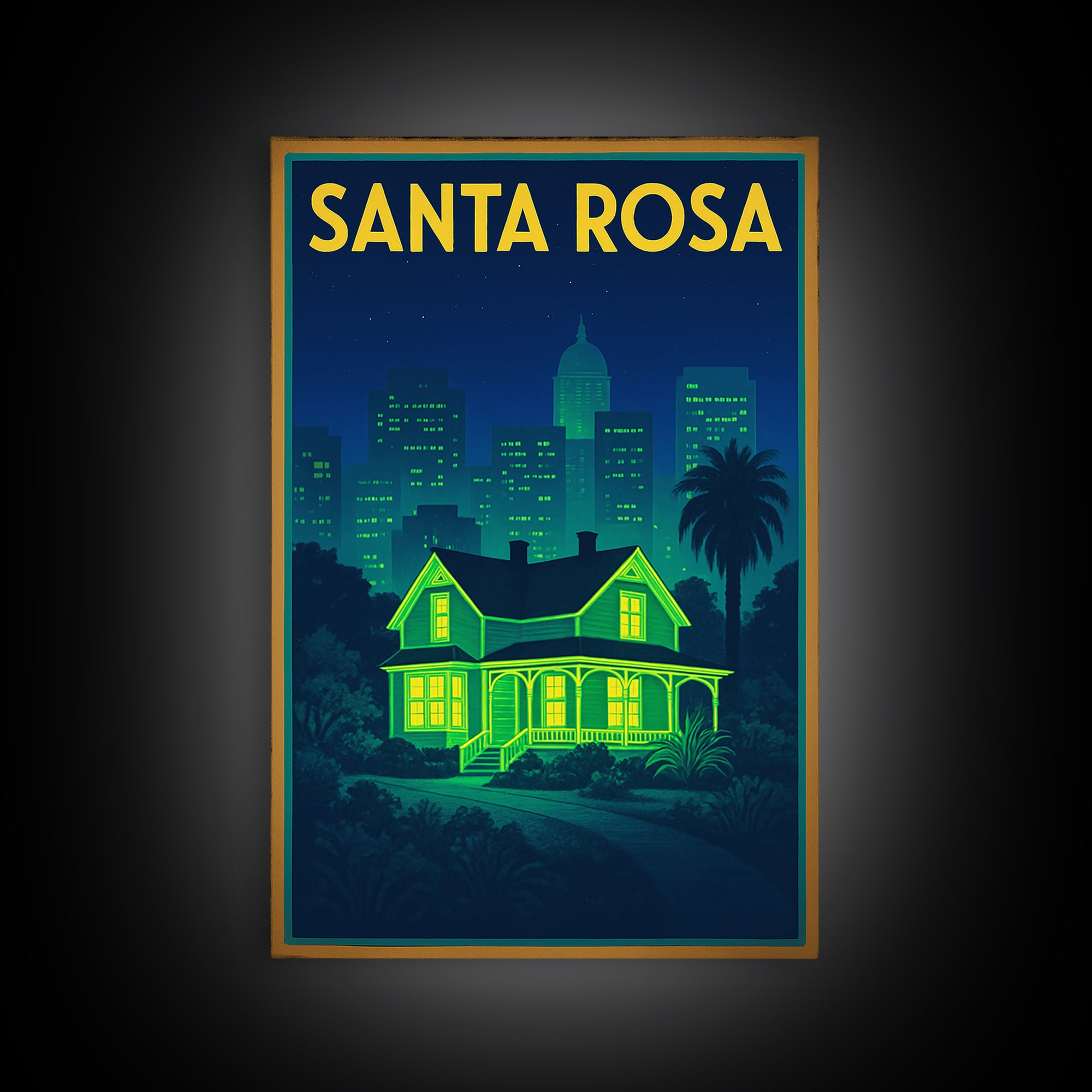 Santa Rosa Travel Poster, Canvas Print, Retro Neon Travel Art, Santa Rosa City Art, Eclectic Wall Decor, Watercolor Skyline, Wall Art