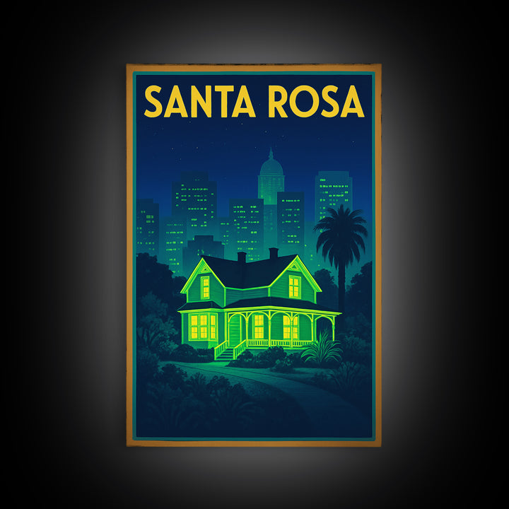 Santa Rosa Travel Poster, Canvas Print, Retro Neon Travel Art, Santa Rosa City Art, Eclectic Wall Decor, Watercolor Skyline, Wall Art