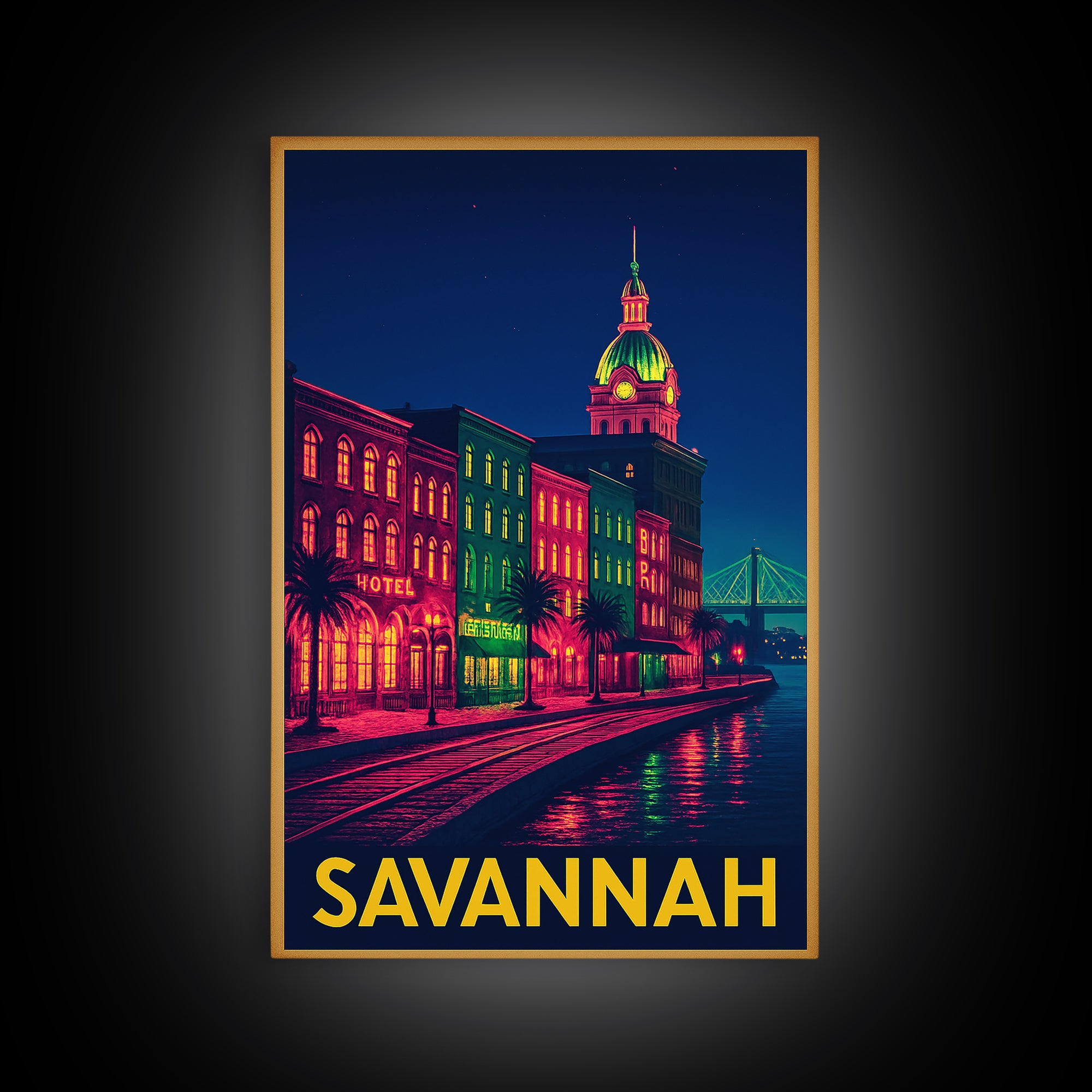Savannah Georgia Travel Poster, Framed Canvas Print, Cyberpunk Style City Art, Savannah Wall Art, Retro Travel Print, Vintage Travel Print