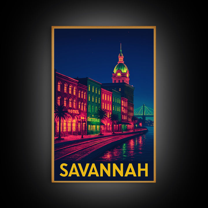 Savannah Georgia Travel Poster, Framed Canvas Print, Cyberpunk Style City Art, Savannah Wall Art, Retro Travel Print, Vintage Travel Print