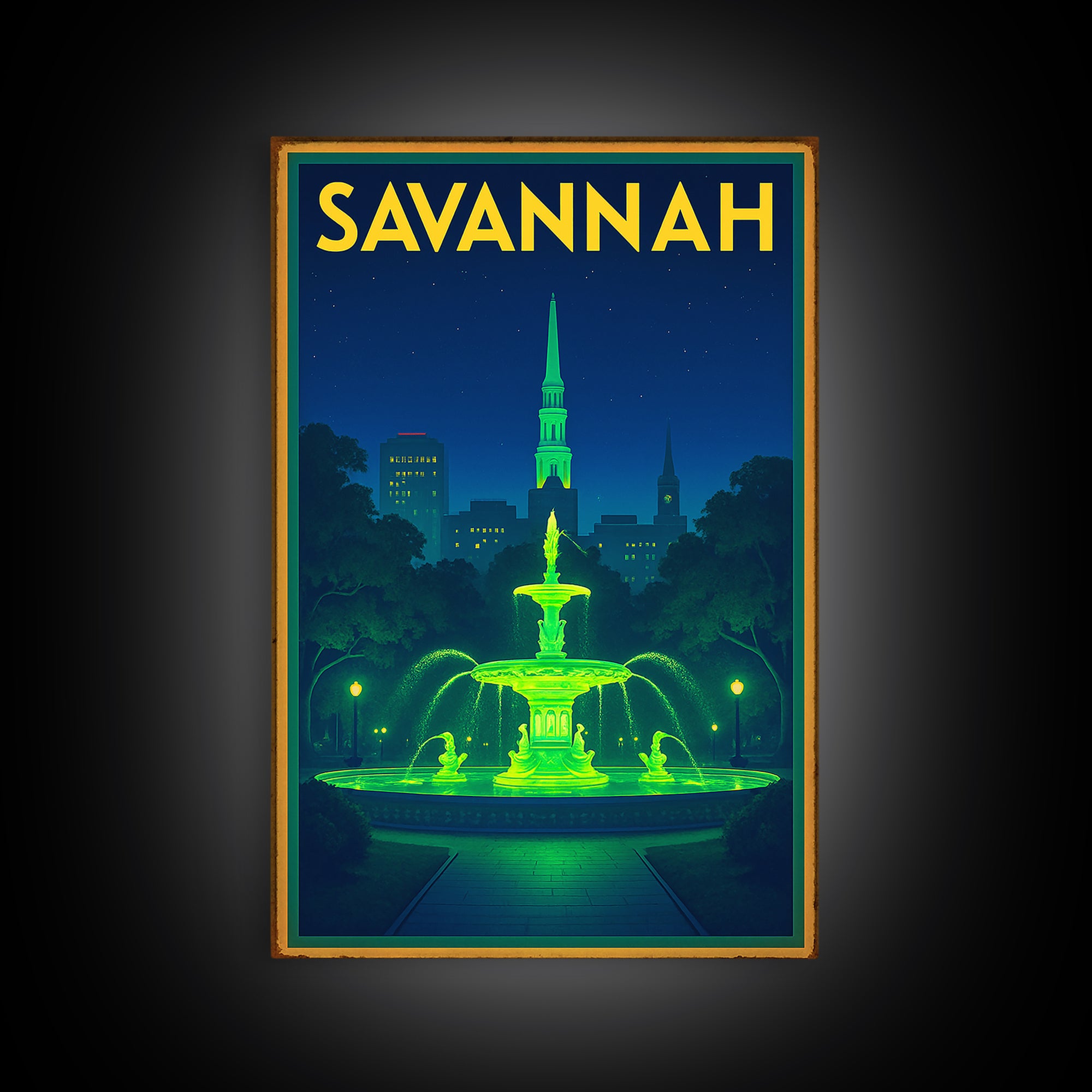 Savannah Travel Poster, Framed Canvas Print, Neon Skyline Wall Art, Savannah Wall Art, Gift For Travelers, Living Room Wall Art