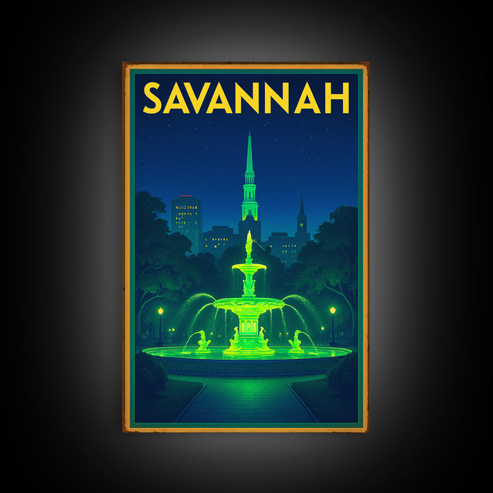 Savannah Travel Poster, Framed Canvas Print, Neon Skyline Wall Art, Savannah Wall Art, Gift For Travelers, Living Room Wall Art