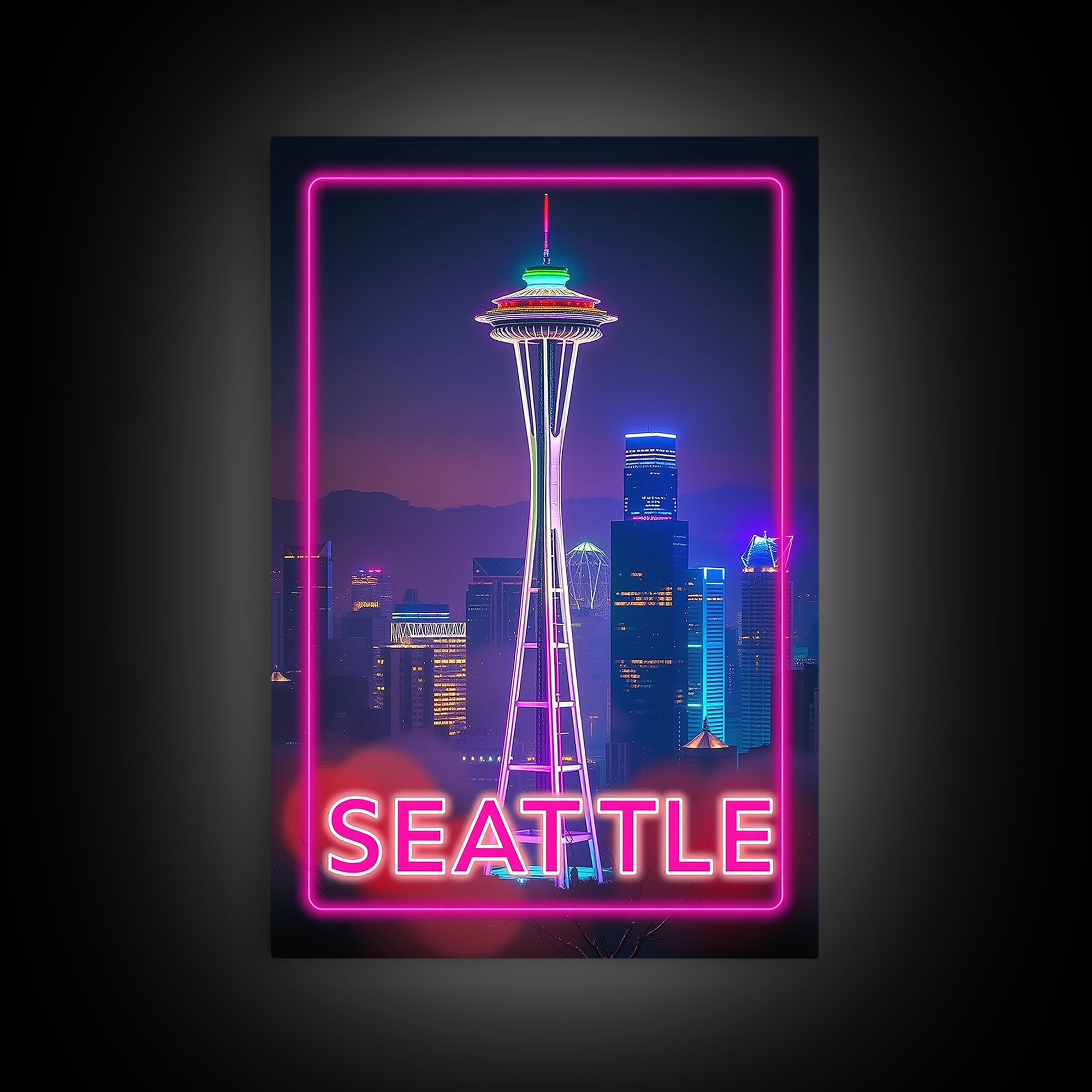 Seattle Washington Travel Poster, Canvas Print, Cyberpunk Style City Art, Seattle City Art, Wanderlust Decor, Travel Art Print, Wall Art