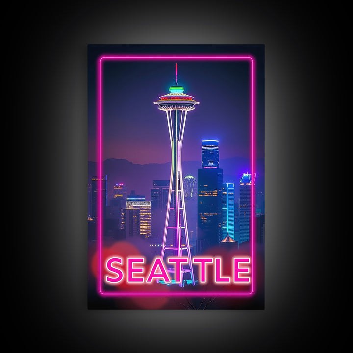 Seattle Washington Travel Poster, Canvas Print, Cyberpunk Style City Art, Seattle City Art, Wanderlust Decor, Travel Art Print, Wall Art