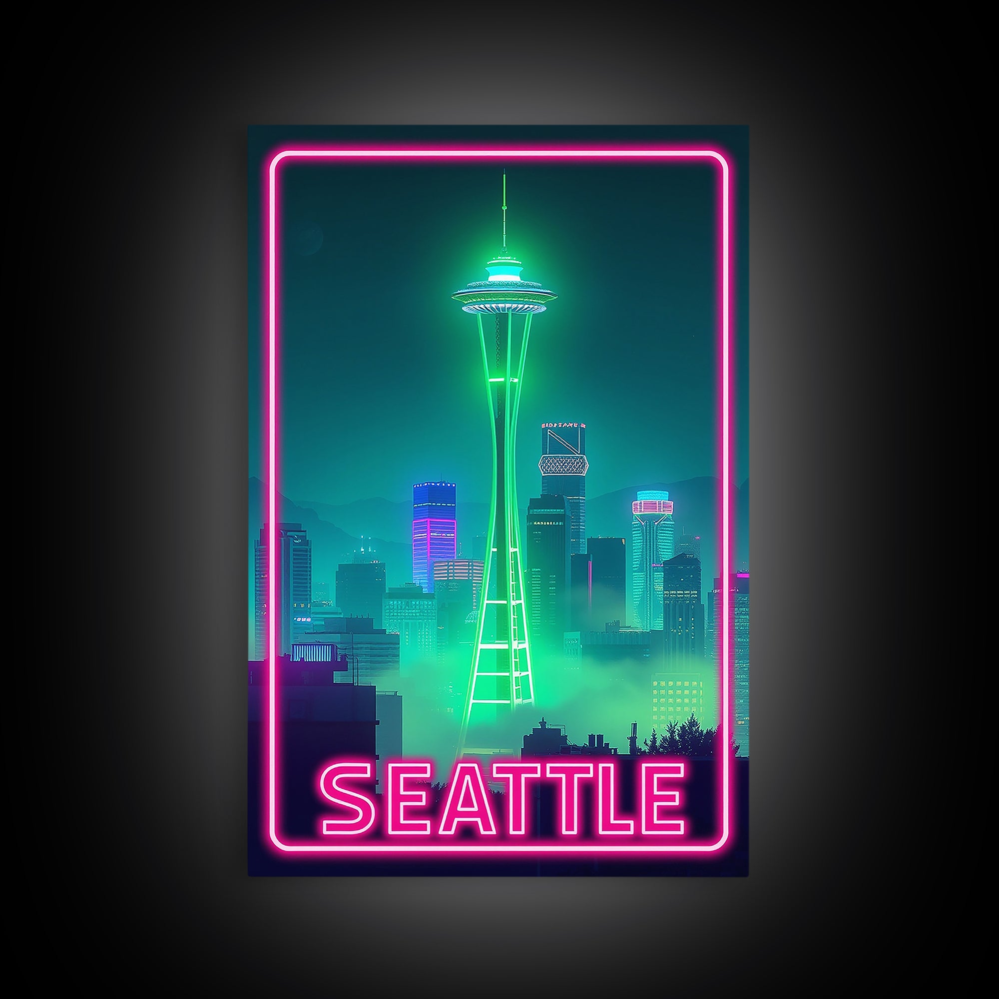 Seattle Travel Poster, Canvas Print, Electric Night Poster Art, Seattle Art Print, Vintage City Poster, Retro Travel Print, City Poster