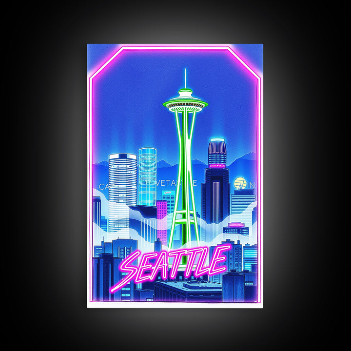 Seattle Travel Poster, Canvas Print, Cyberpunk Style City Art, Seattle City Art, Watercolor Skyline, City Travel Prints, Travel Wall Art