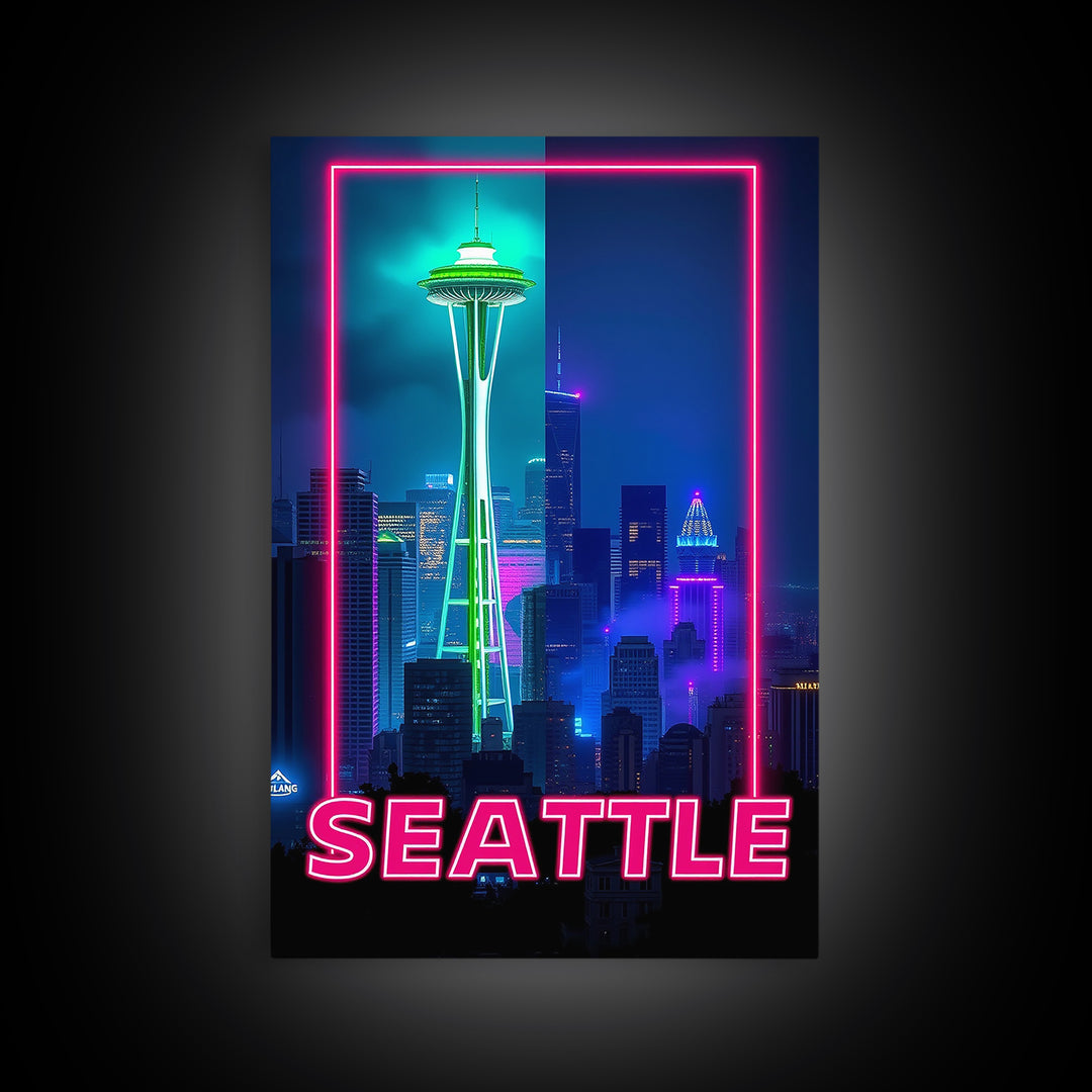 Seattle Travel Poster, Framed Canvas Print, Retro Neon Travel Art, Seattle City Art, Modern Wall Decor, Travel Wall Decor, Fine Art Print
