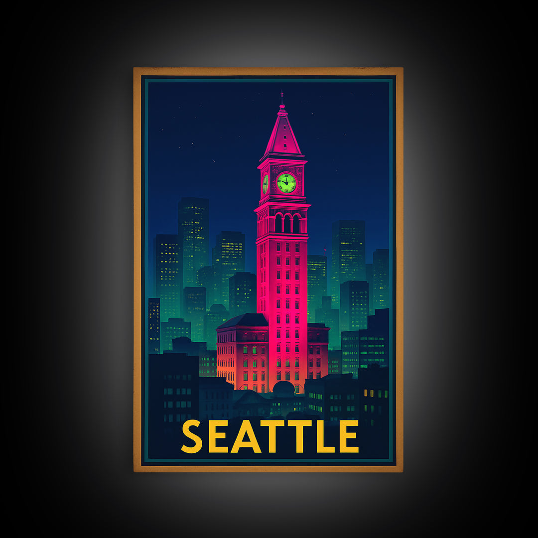 Seattle Travel Poster, Framed Canvas Print, Cyberpunk Style City Art, Seattle Wall Art, Travel Wall Art, Vintage Travel Print, Design 5