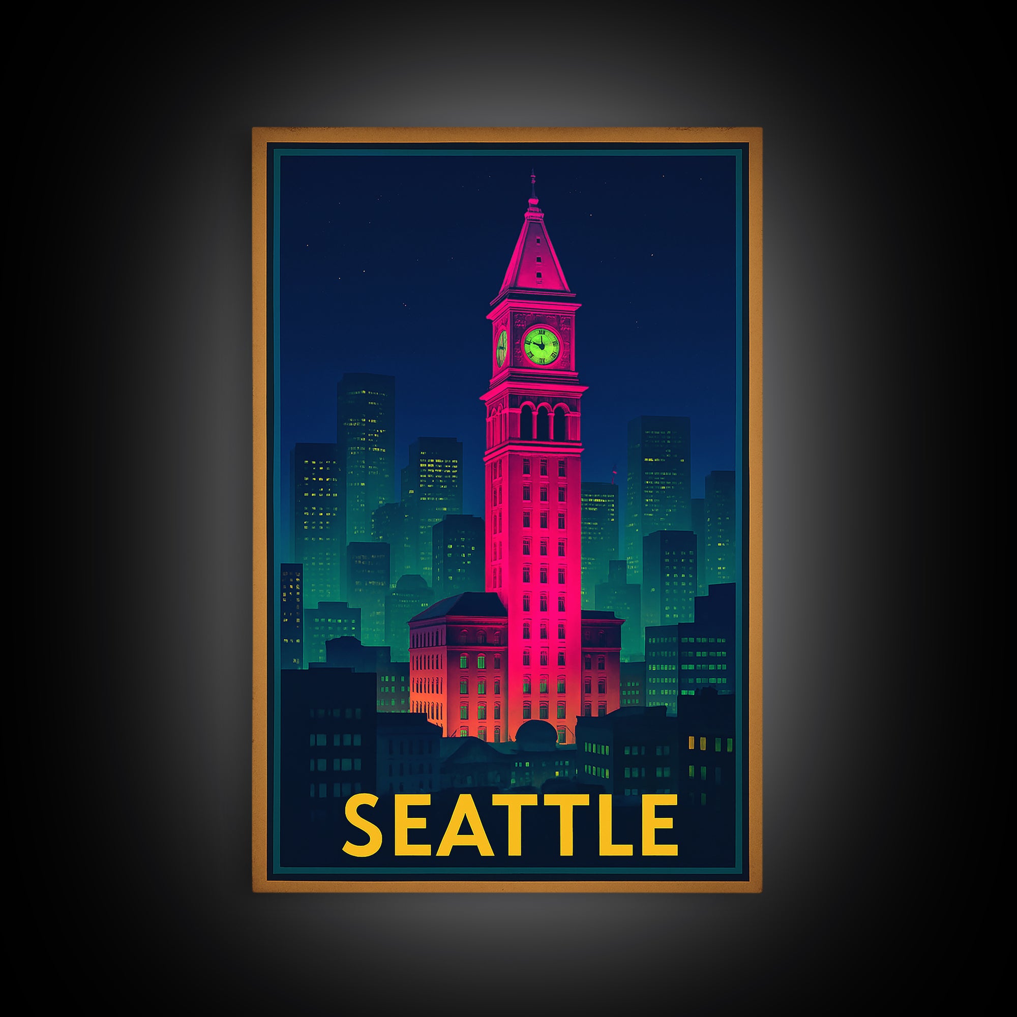 Seattle Travel Poster, Framed Canvas Print, Cyberpunk Style City Art, Seattle Wall Art, Travel Wall Art, Vintage Travel Print, Design 5