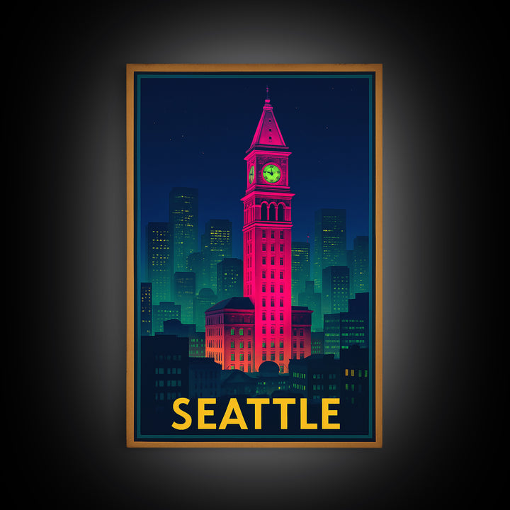 Seattle Travel Poster, Framed Canvas Print, Cyberpunk Style City Art, Seattle Wall Art, Travel Wall Art, Vintage Travel Print, Design 5