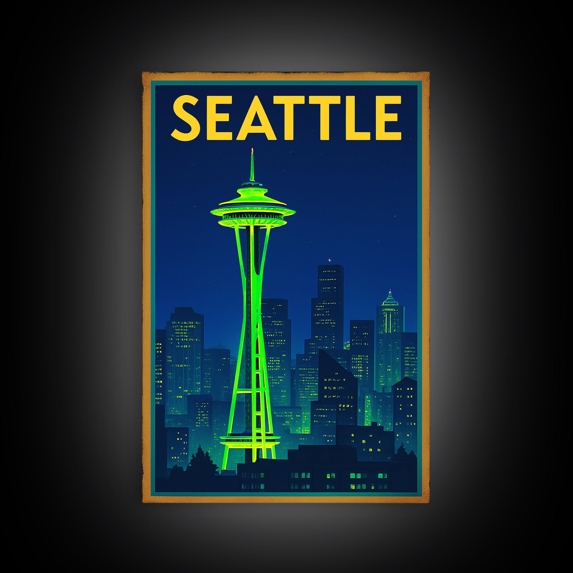Seattle Travel Poster, Framed Canvas Print, Cyberpunk Style City Art, Seattle City Art, Wanderlust Decor, Retro Travel Print, Design 6