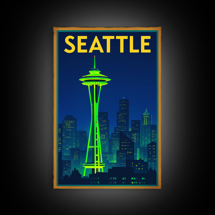 Seattle Travel Poster, Framed Canvas Print, Cyberpunk Style City Art, Seattle City Art, Wanderlust Decor, Retro Travel Print, Design 6