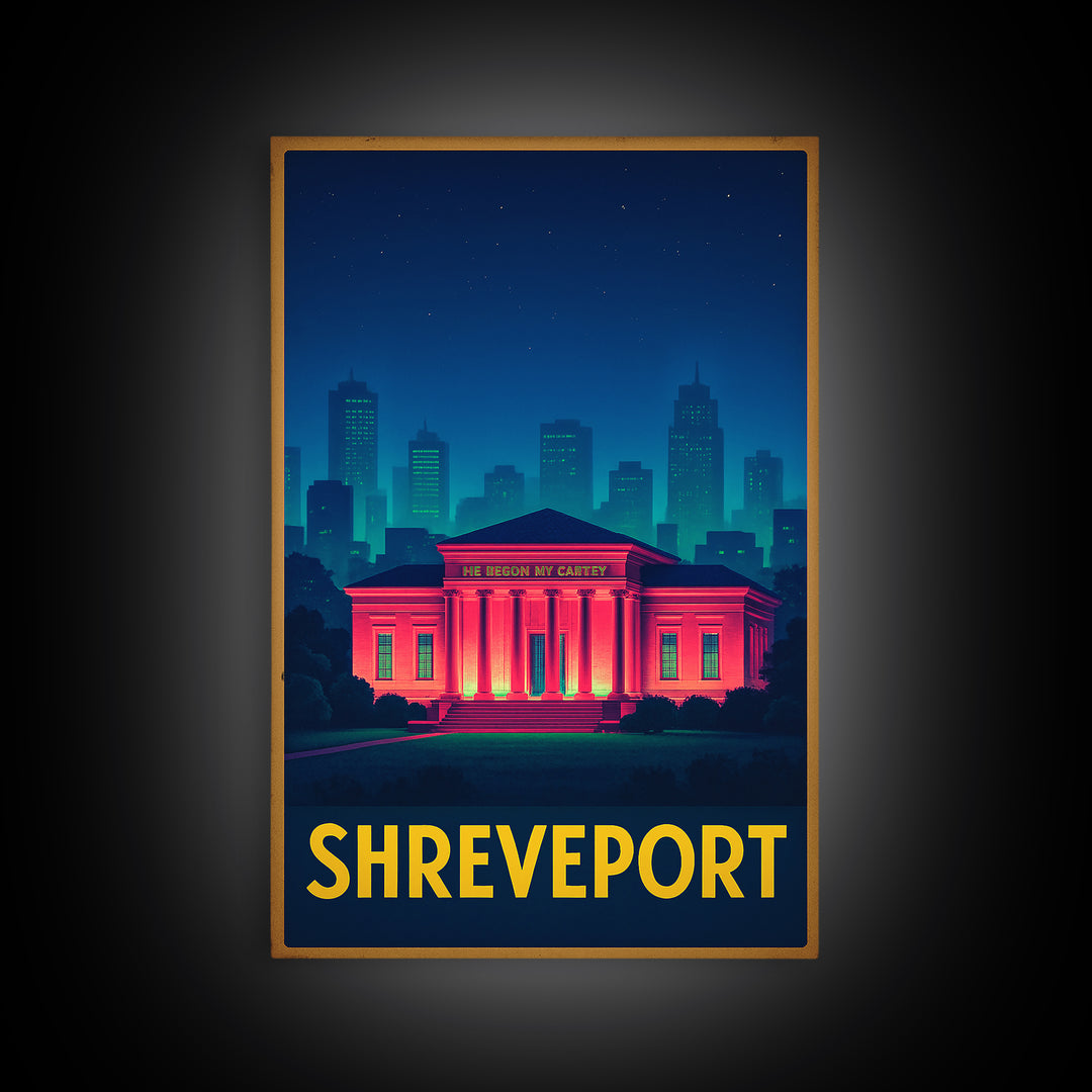 Shreveport Louisiana Travel Poster, Canvas Print, Retro Neon Travel Art, Shreveport Art Print, Travel Art Print, Vintage City Art