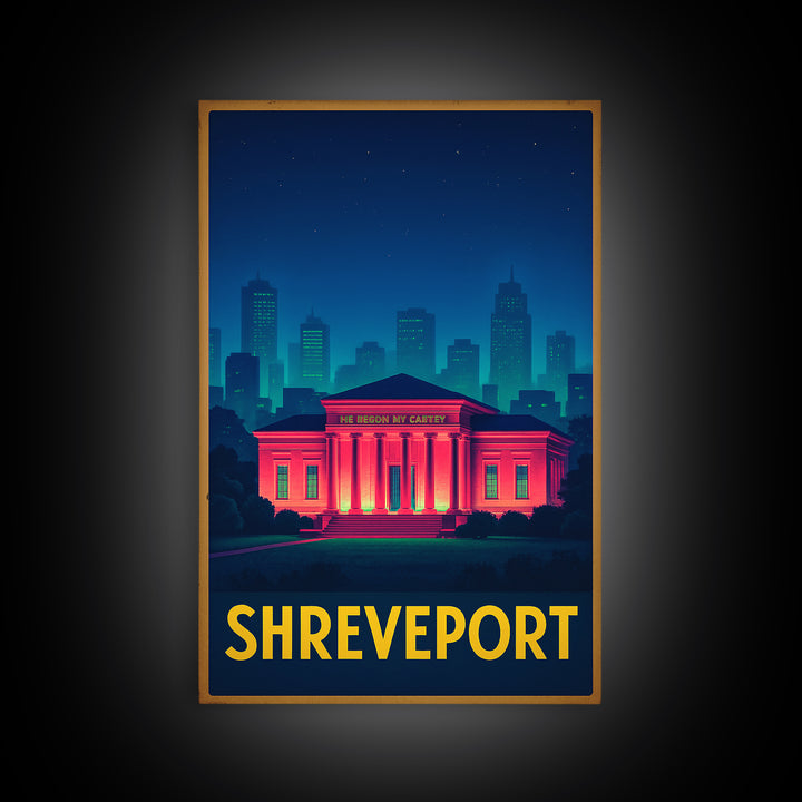 Shreveport Louisiana Travel Poster, Canvas Print, Retro Neon Travel Art, Shreveport Art Print, Travel Art Print, Vintage City Art