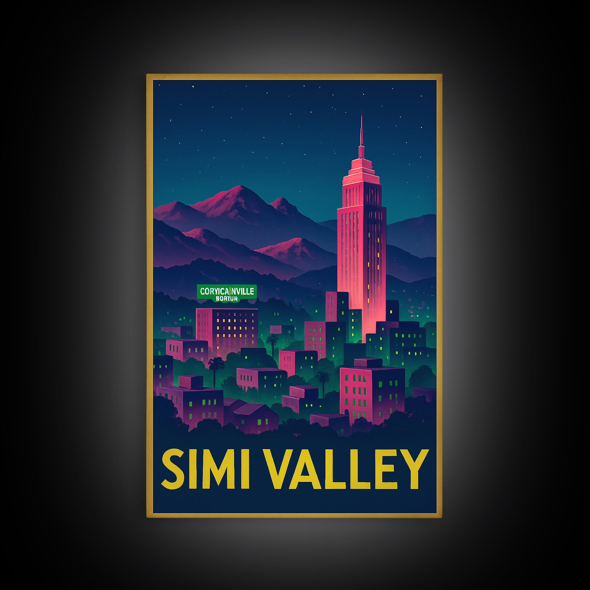 Simi Valley California Travel Poster, Canvas Print, Neon City Skyline Wall Art, Simi Valley Poster Print, Wall Decor, Travel Art Print