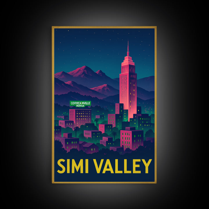 Simi Valley California Travel Poster, Canvas Print, Neon City Skyline Wall Art, Simi Valley Poster Print, Wall Decor, Travel Art Print